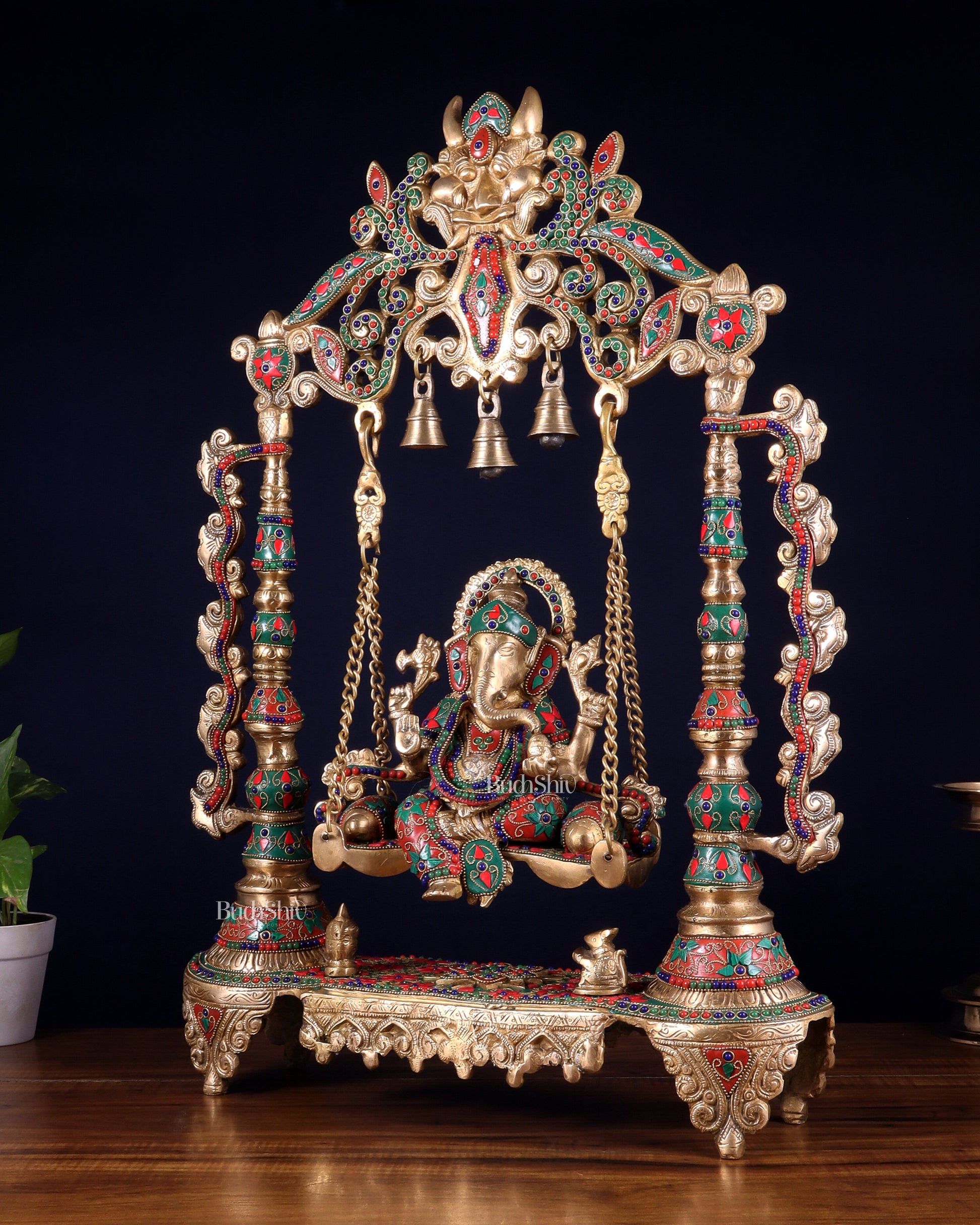 Brass Ganesha idol on large Swing jhoola - 26 inch floral stonework