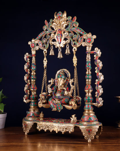 Brass Ganesha idol on large Swing jhoola - 26 inch floral stonework