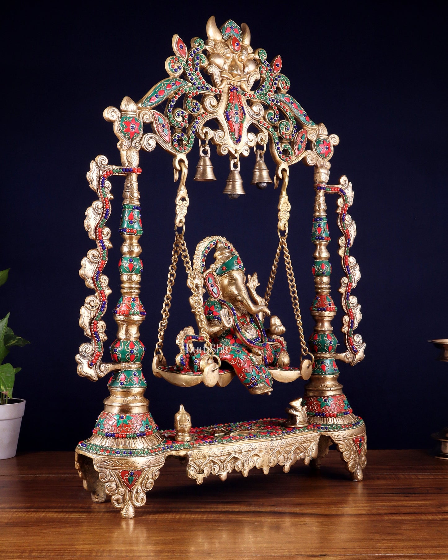 Brass Ganesha idol on large Swing jhoola - 26 inch floral stonework