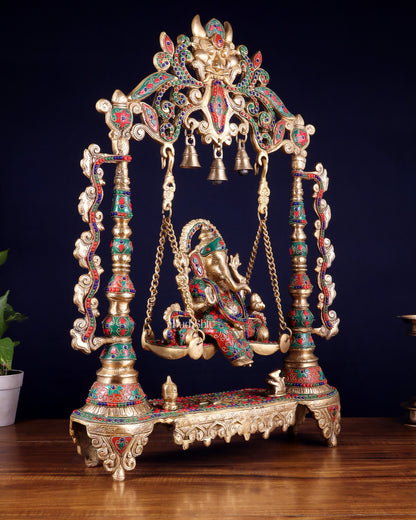 Brass Ganesha idol on large Swing jhoola - 26 inch floral stonework
