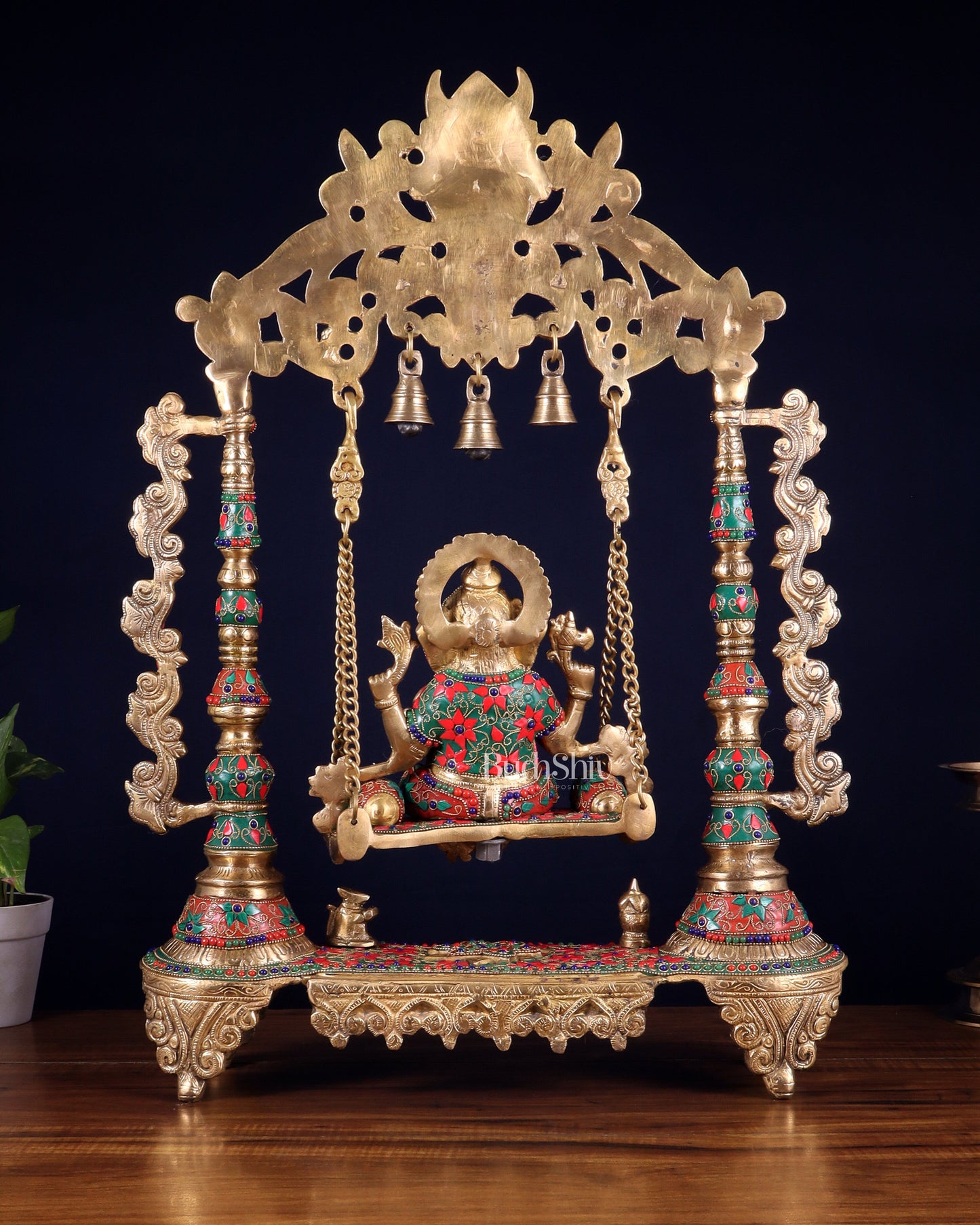 Brass Ganesha idol on large Swing jhoola - 26 inch floral stonework