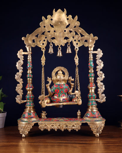Brass Ganesha idol on large Swing jhoola - 26 inch floral stonework