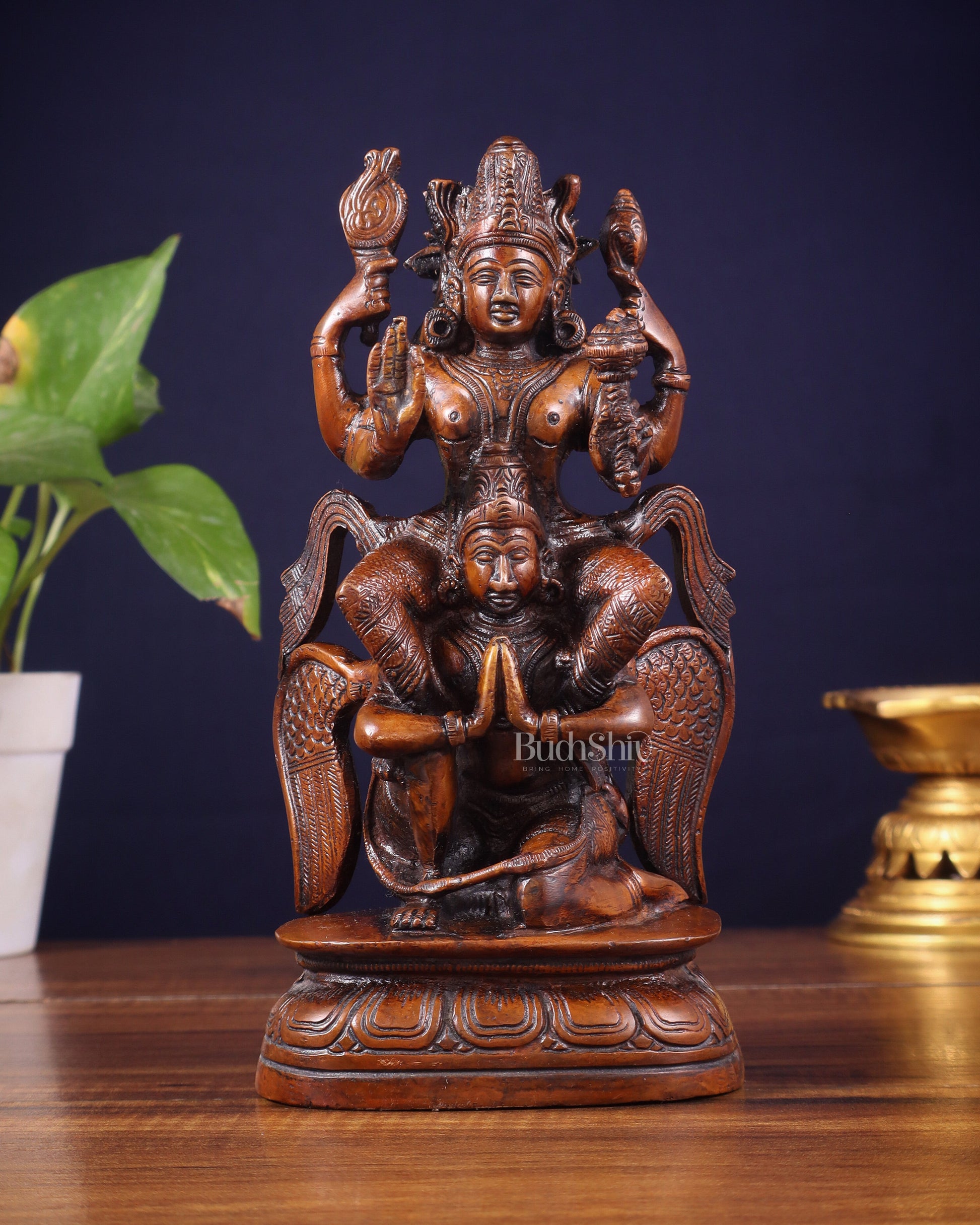Pure Brass Lord Vishnu Seated on Garuda Statue - 8 inch