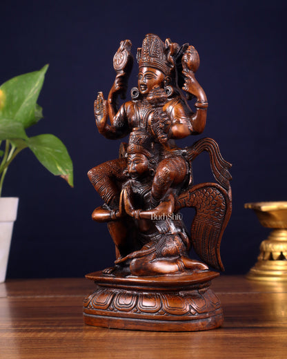 Pure Brass Lord Vishnu Seated on Garuda Statue - 8 inch