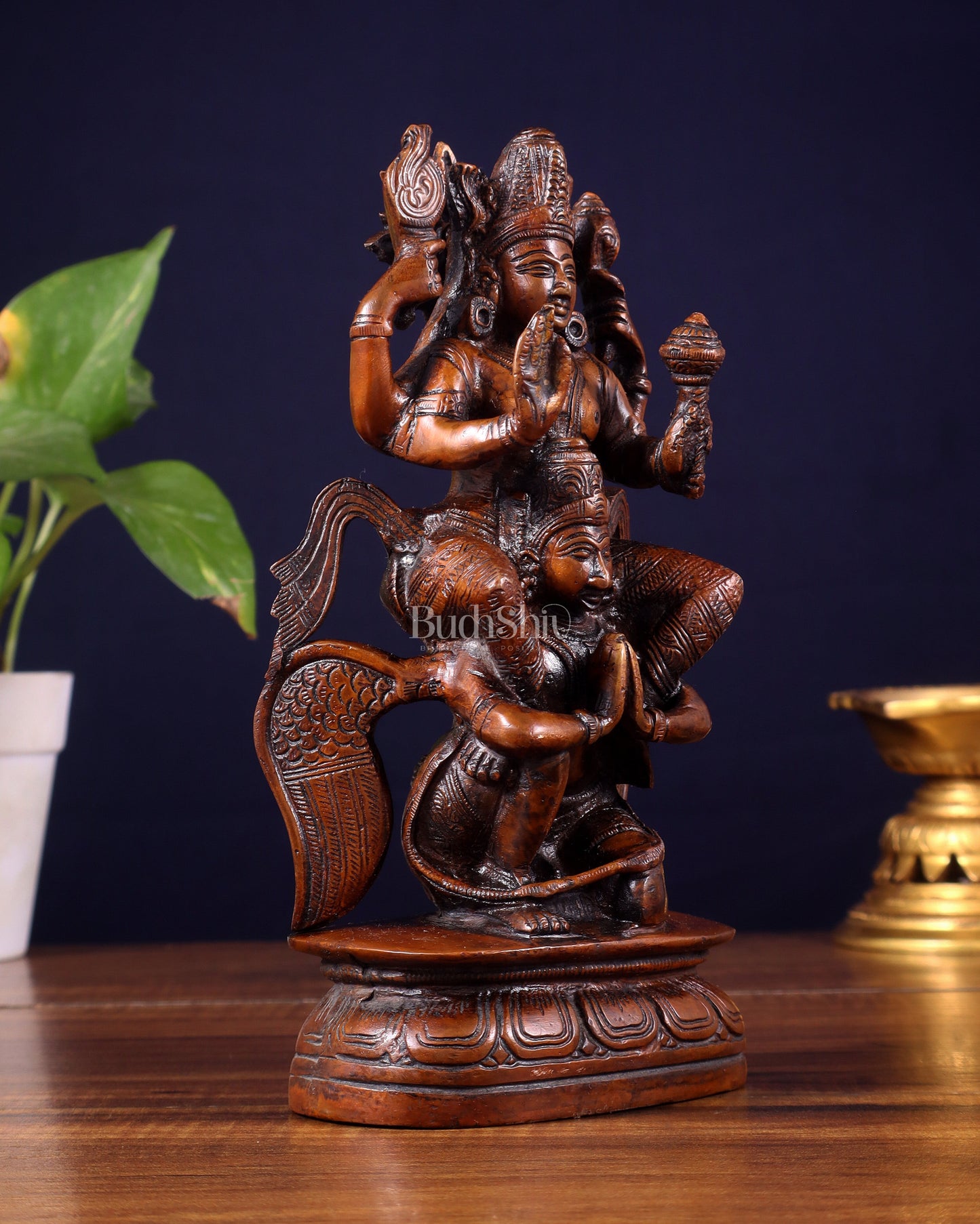 Pure Brass Lord Vishnu Seated on Garuda Statue - 8 inch