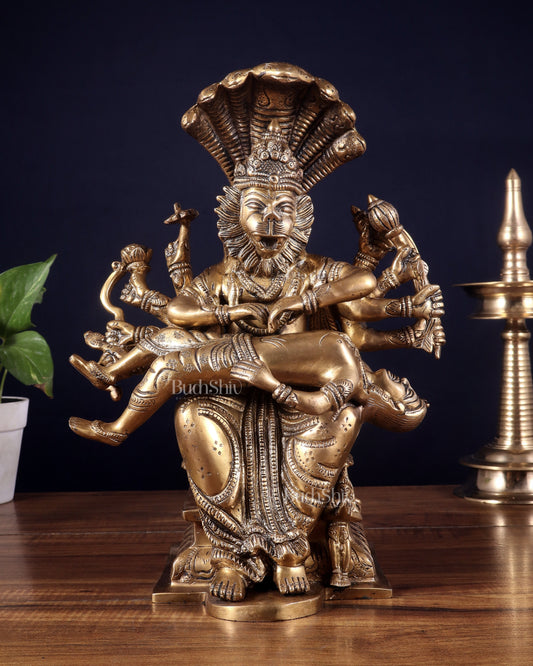 Pure Brass Narasimha hiranyakashap dhahan with bhakt Prahlad statue  - 13 inch