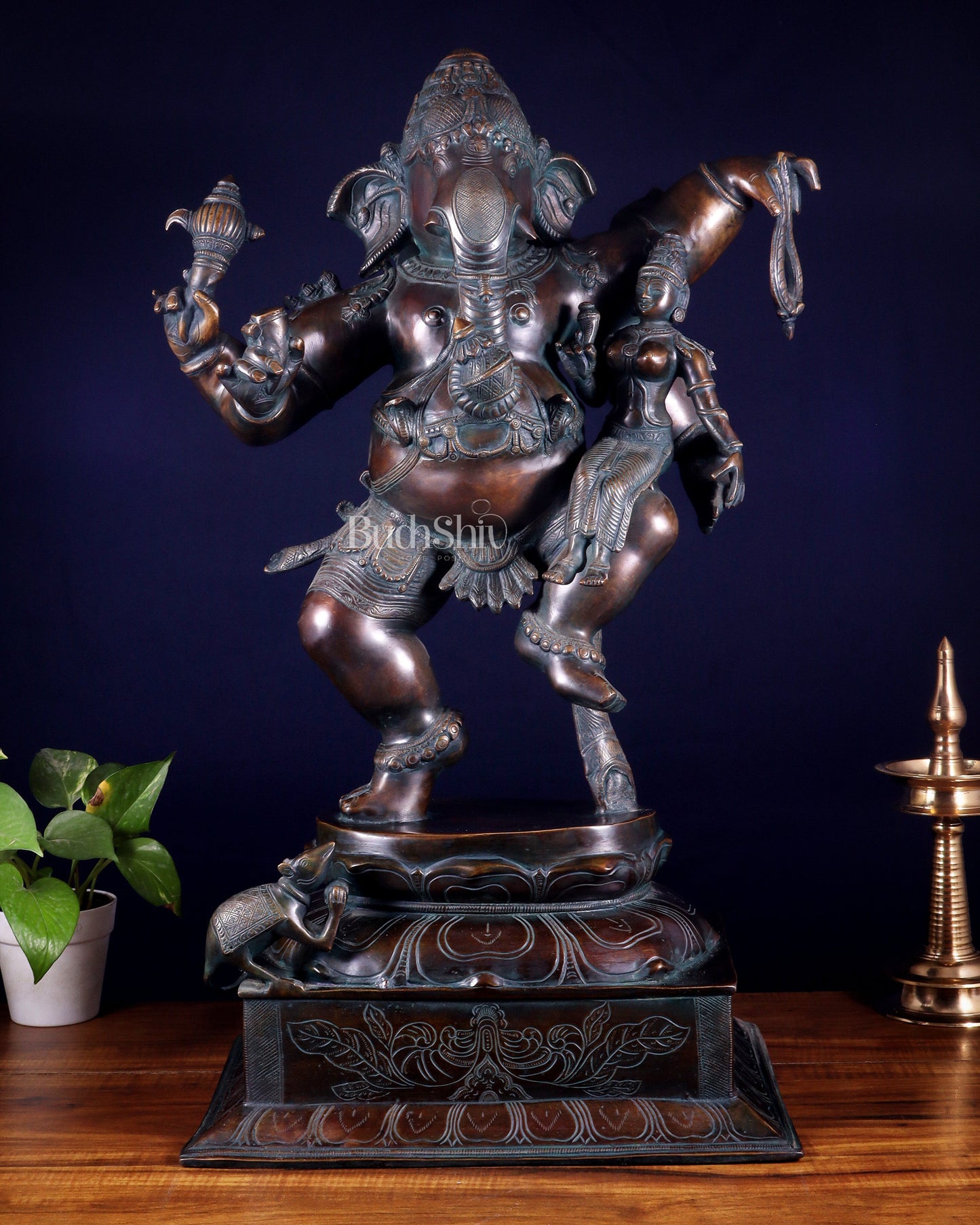 Pure Brass Dancing Ganesha with Siddhi on Lap – Maha Ganapati Chola Style Sculpture 29"