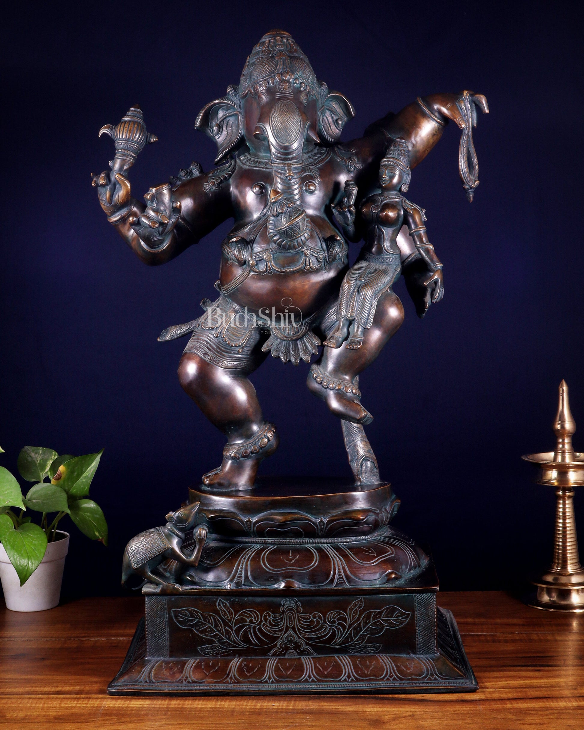 Pure Brass Dancing Ganesha with Siddhi on Lap – Maha Ganapati Chola Style Sculpture 29"