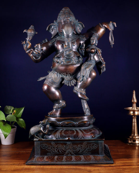 Pure Brass Dancing Ganesha with Siddhi on Lap – Maha Ganapati Chola Style Sculpture 29"