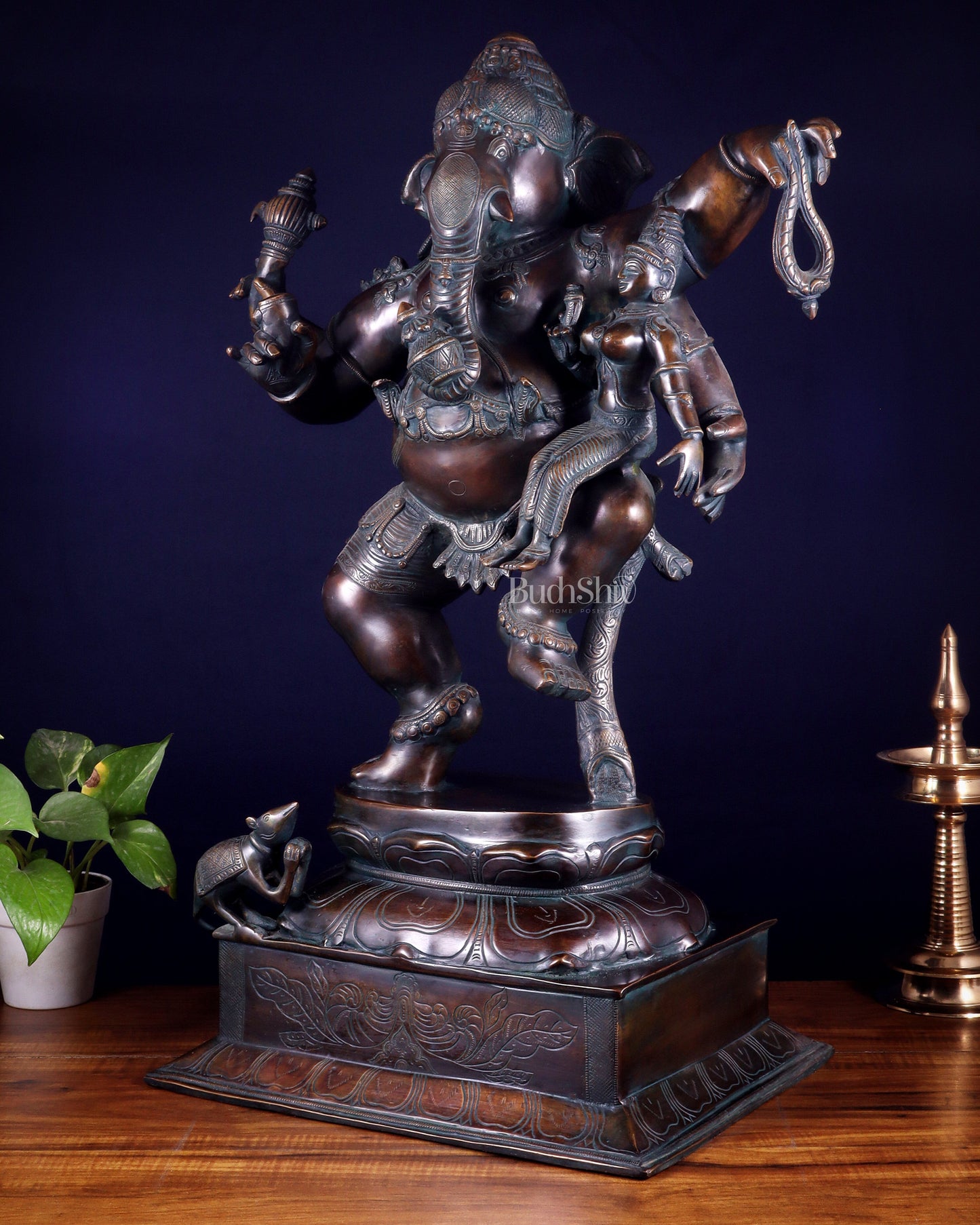 Pure Brass Dancing Ganesha with Siddhi on Lap – Maha Ganapati Chola Style Sculpture 29"