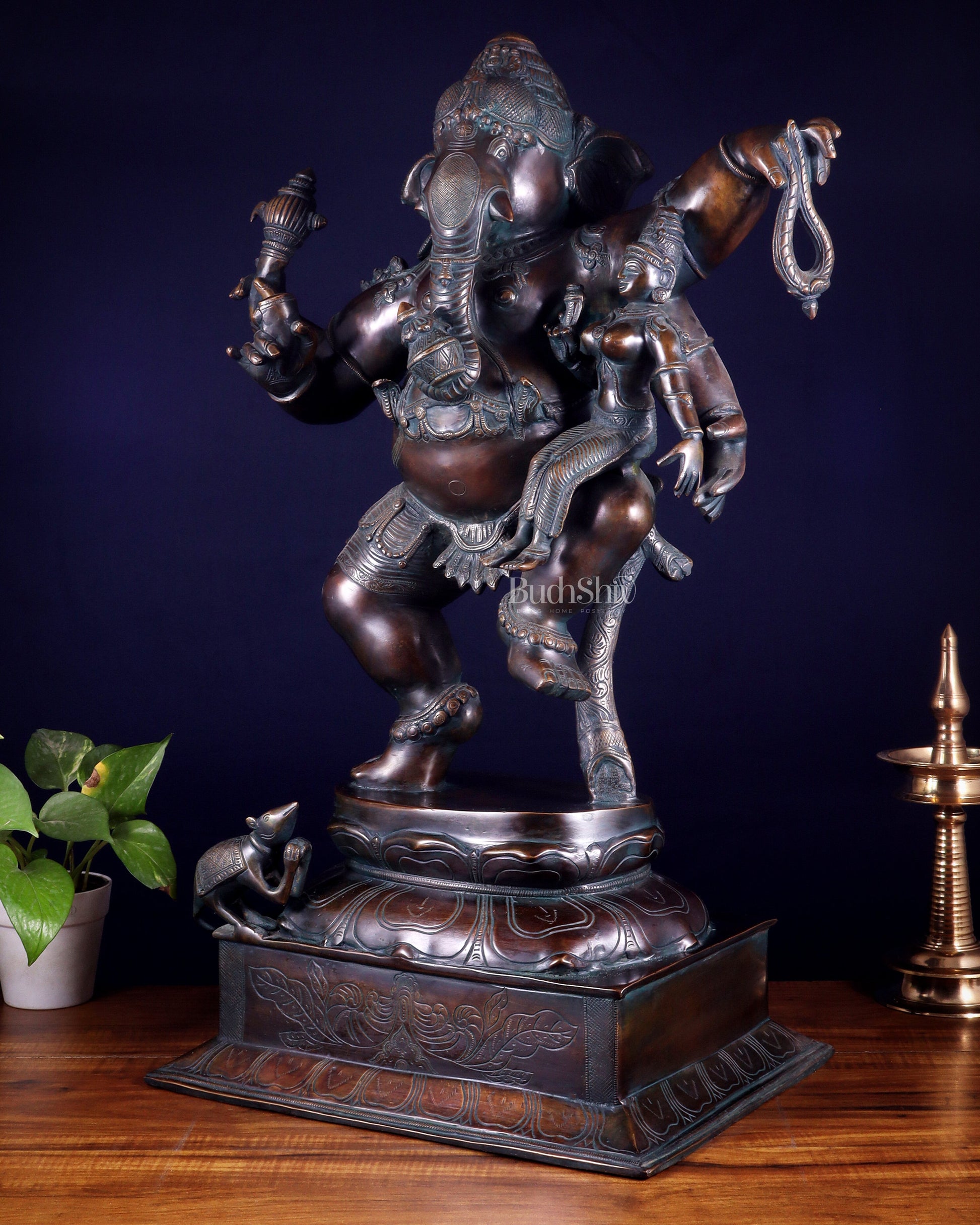 Pure Brass Dancing Ganesha with Siddhi on Lap – Maha Ganapati Chola Style Sculpture 29"