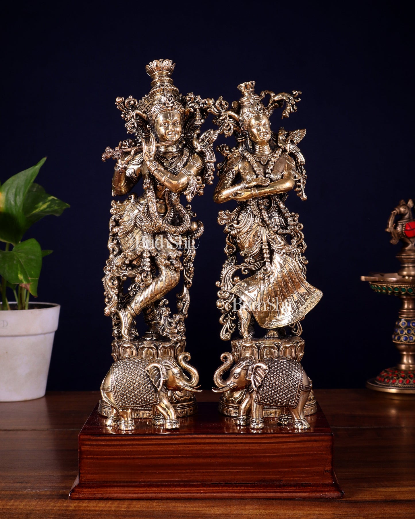 Brass Radha Krishna with Elephants on Wooden Base – Superfine Finish 11.5 inch