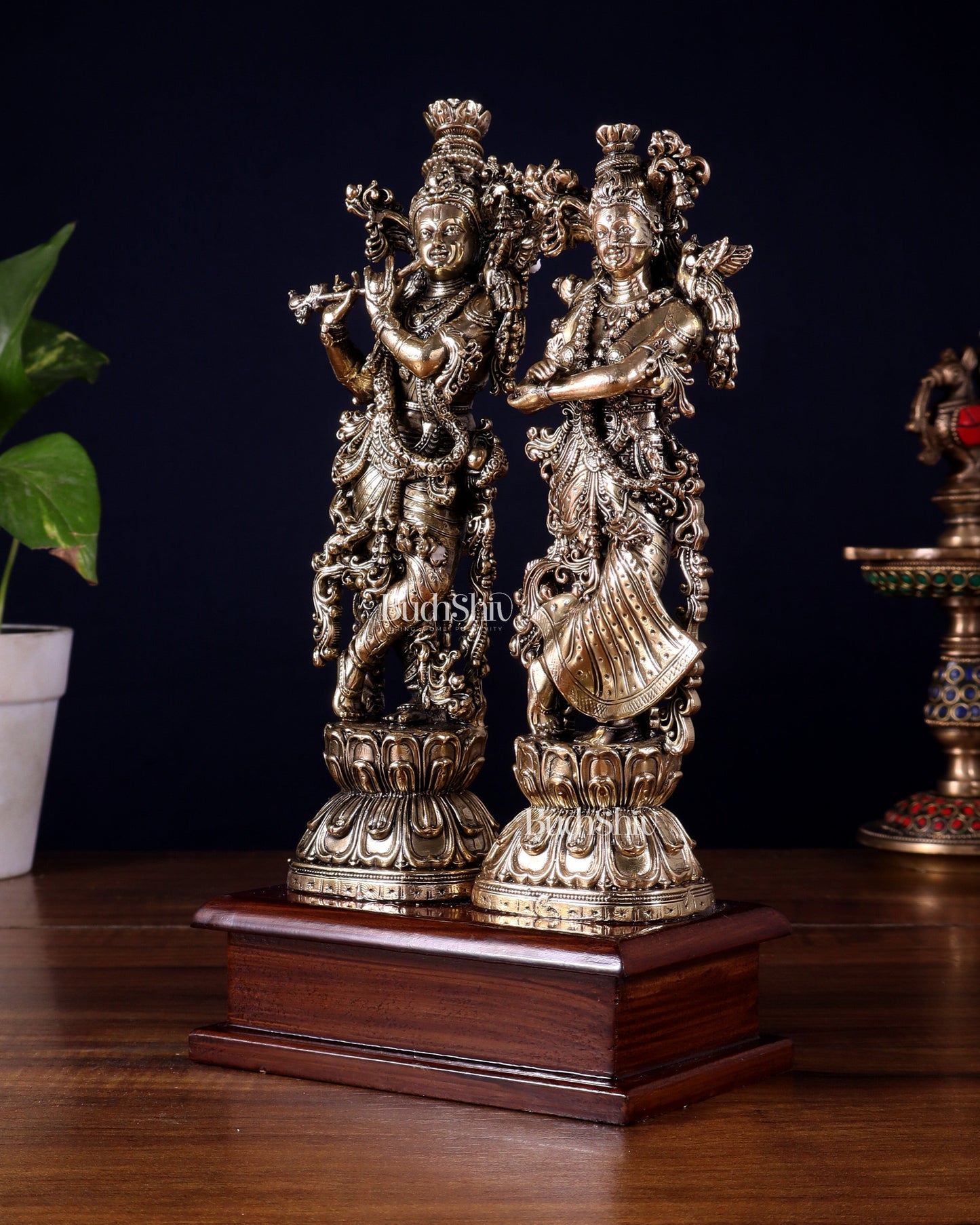 Brass Radha Krishna on Wooden Base – 9.5 inch Superfine Finish