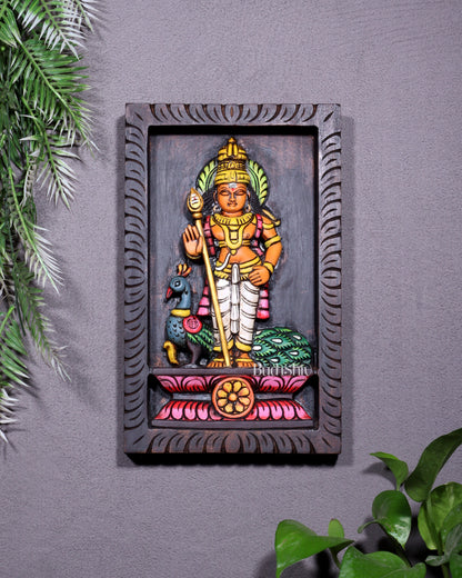 Wooden Standing Lord Murugan with Peacock Wall Hanging – Hand-Painted Panel 13 inch