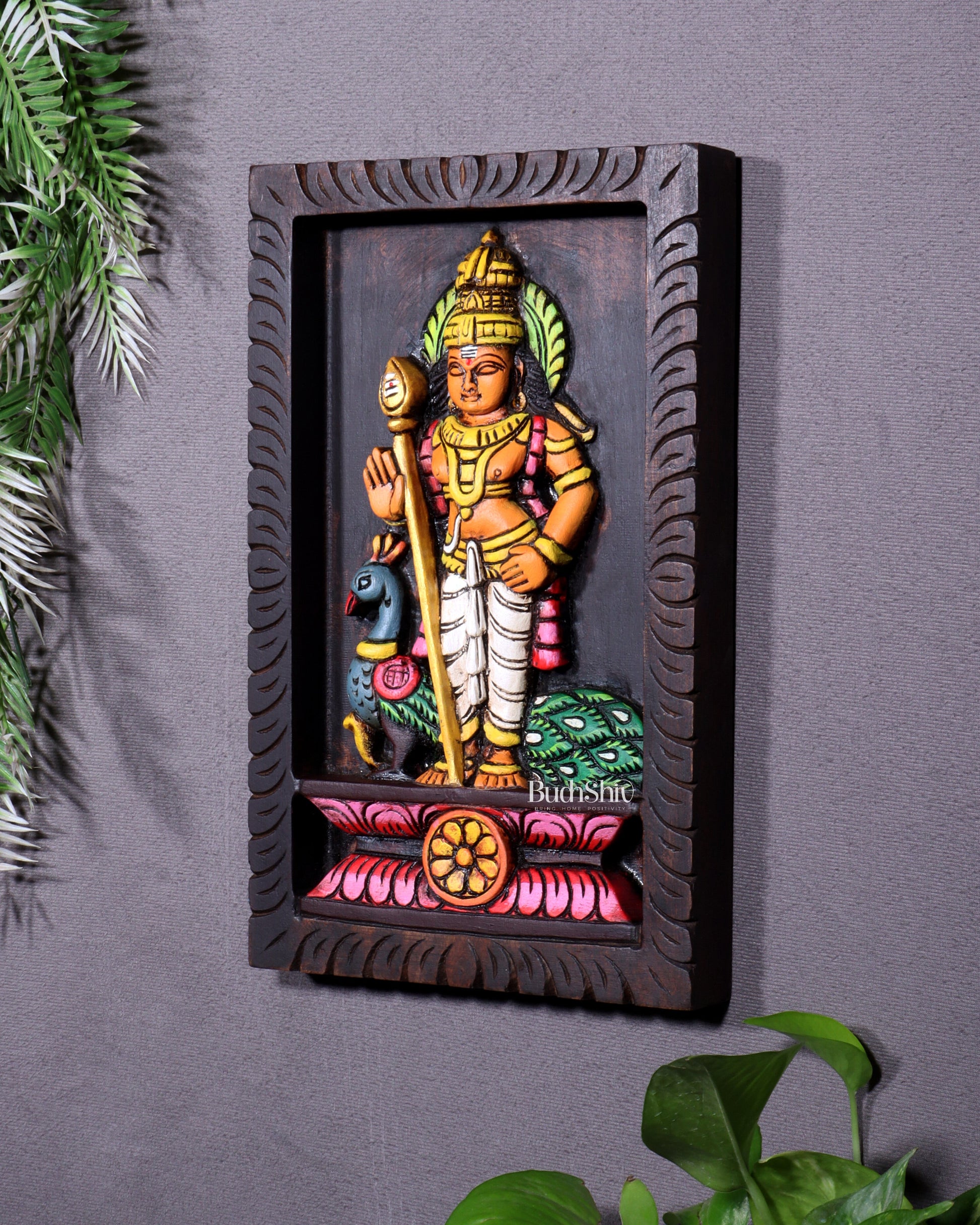 Wooden Standing Lord Murugan with Peacock Wall Hanging – Hand-Painted Panel 13 inch