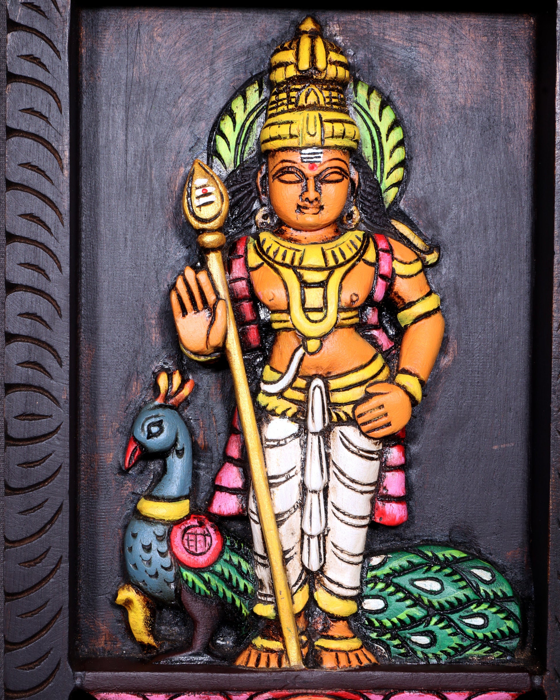 Wooden Standing Lord Murugan with Peacock Wall Hanging – Hand-Painted Panel 13 inch