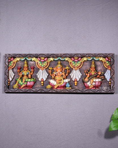 Wooden Horizontal Ganesh Lakshmi Saraswati Wall Hanging – Hand-Painted Panel 24 inch