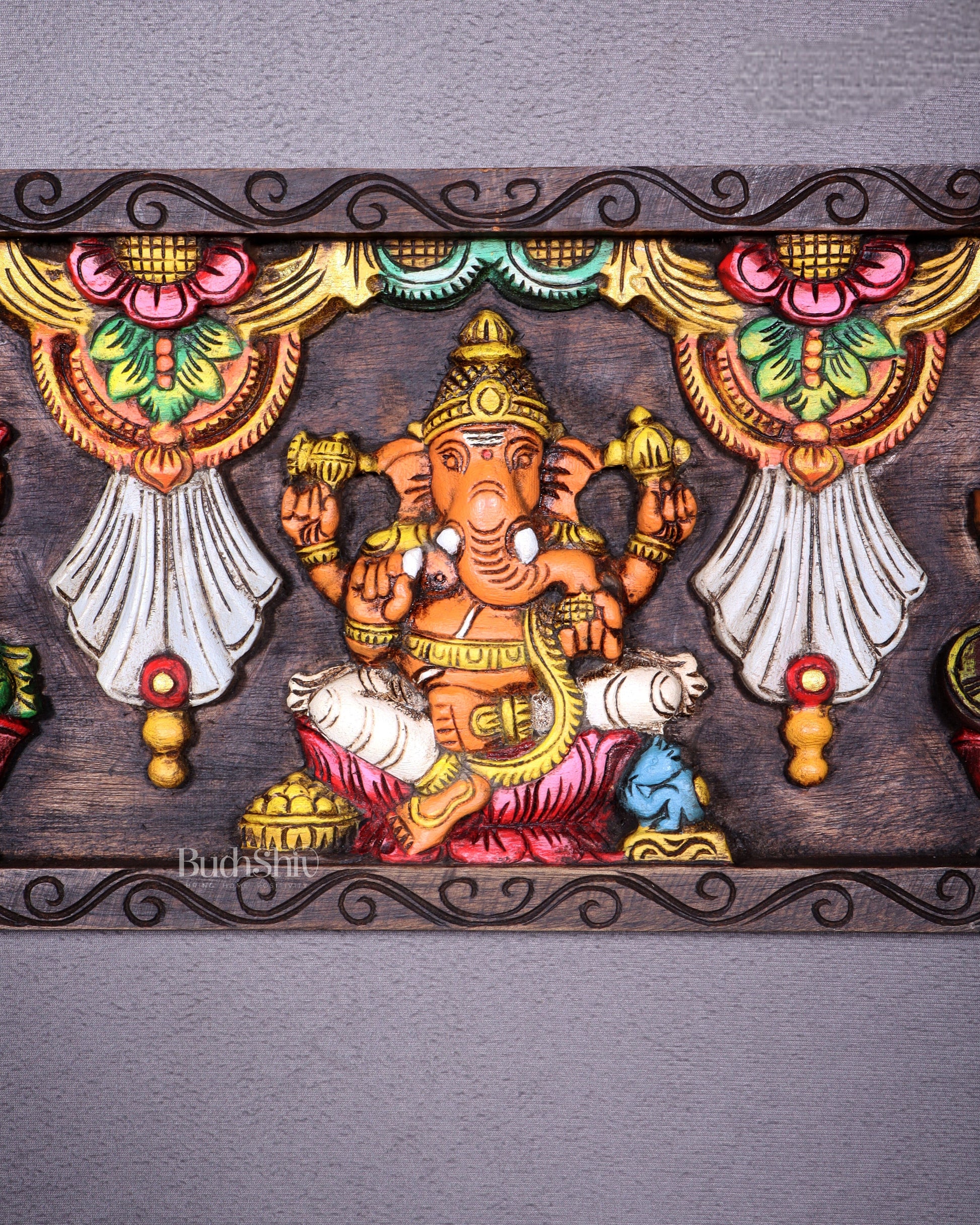 Wooden Horizontal Ganesh Lakshmi Saraswati Wall Hanging – Hand-Painted Panel 24 inch