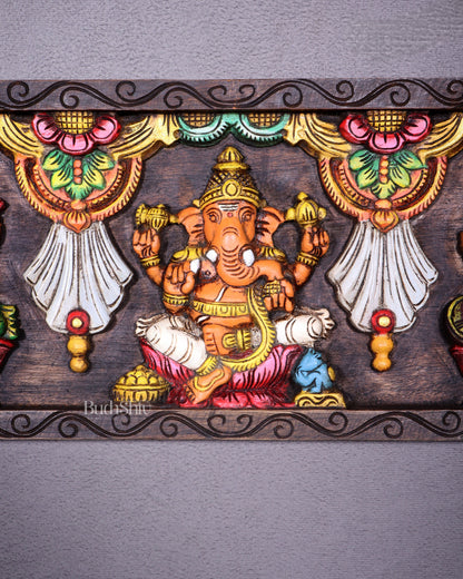Wooden Horizontal Ganesh Lakshmi Saraswati Wall Hanging – Hand-Painted Panel 24 inch