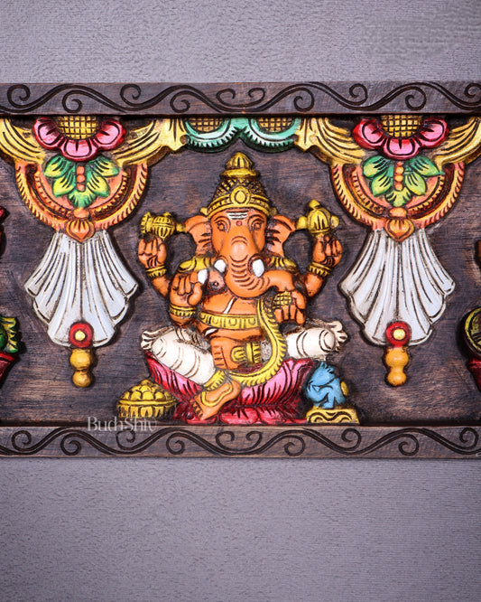Wooden Horizontal Ganesh Lakshmi Saraswati Wall Hanging – Hand-Painted Panel 24 inch