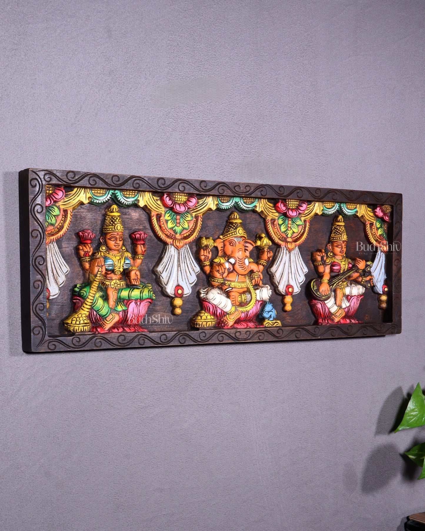 Wooden Horizontal Ganesh Lakshmi Saraswati Wall Hanging – Hand-Painted Panel 24 inch