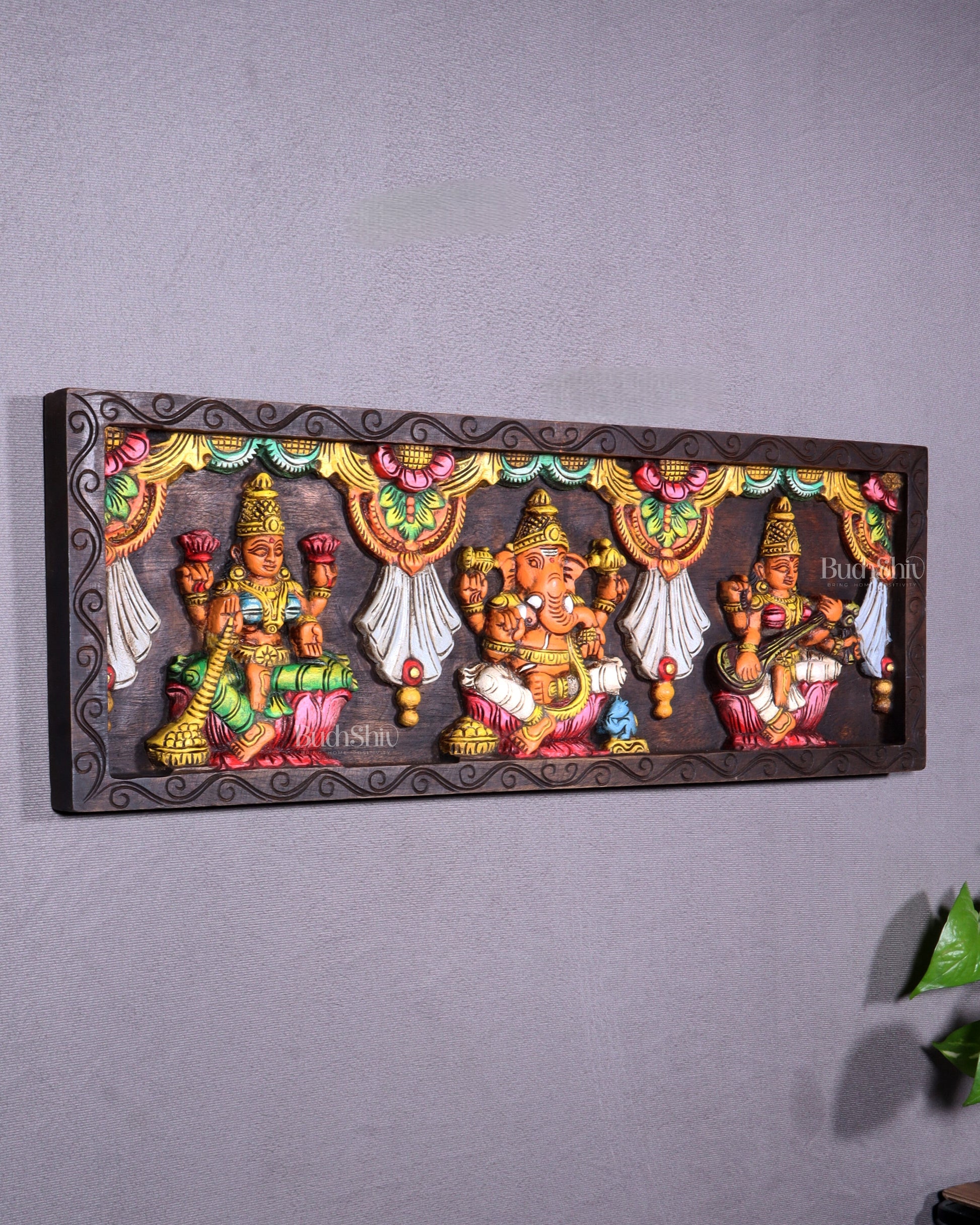 Wooden Horizontal Ganesh Lakshmi Saraswati Wall Hanging – Hand-Painted Panel 24 inch