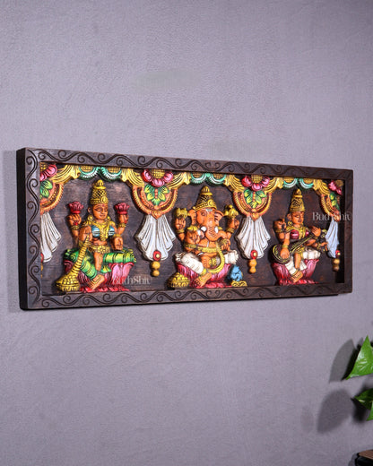 Wooden Horizontal Ganesh Lakshmi Saraswati Wall Hanging – Hand-Painted Panel 24 inch