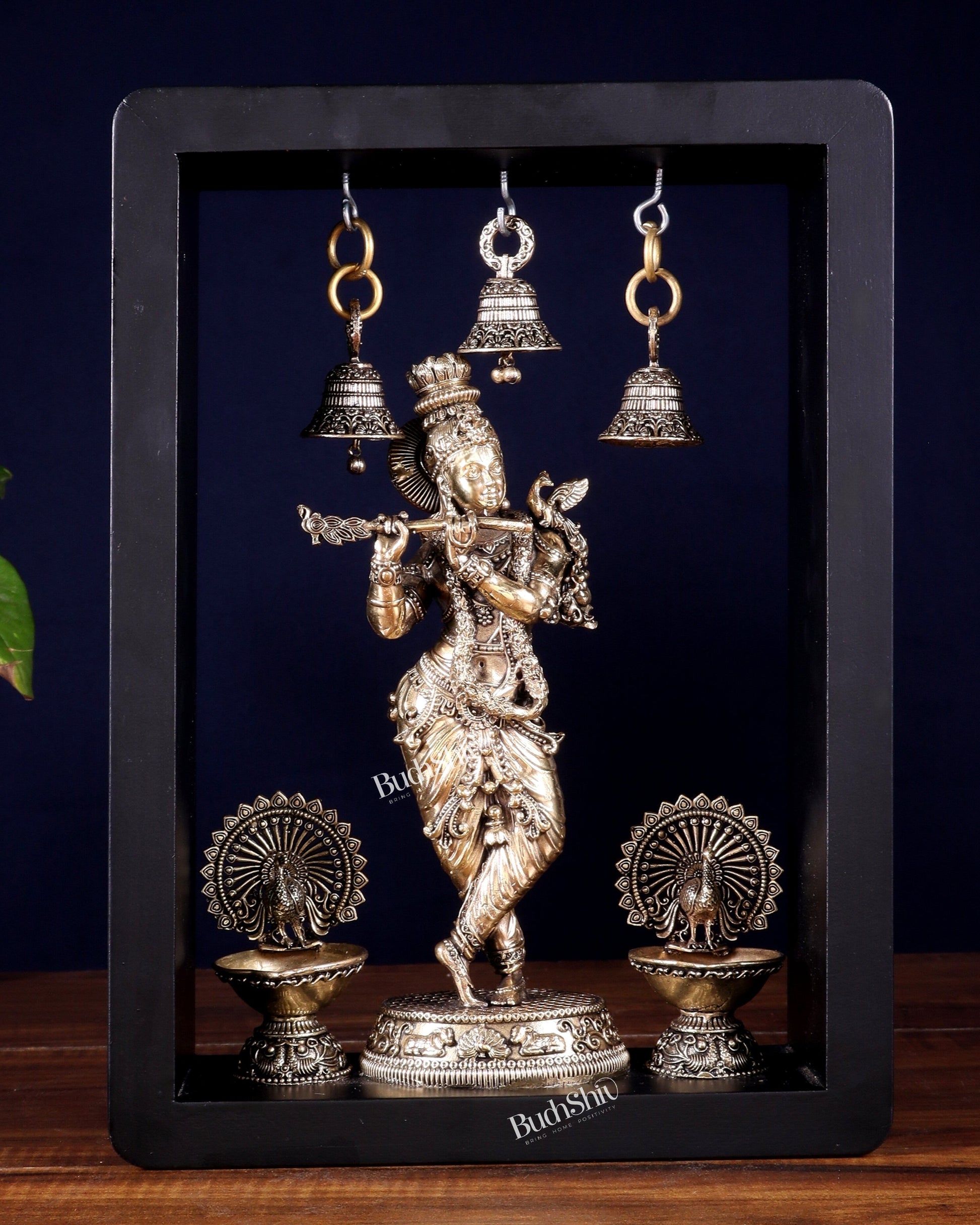 Brass Superfine Lord Krishna with Hanging Bells & Peacock Lamps on MDF Panel 11 inch