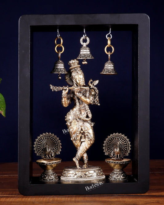 Brass Superfine Lord Krishna with Hanging Bells & Peacock Lamps on MDF Panel 11 inch