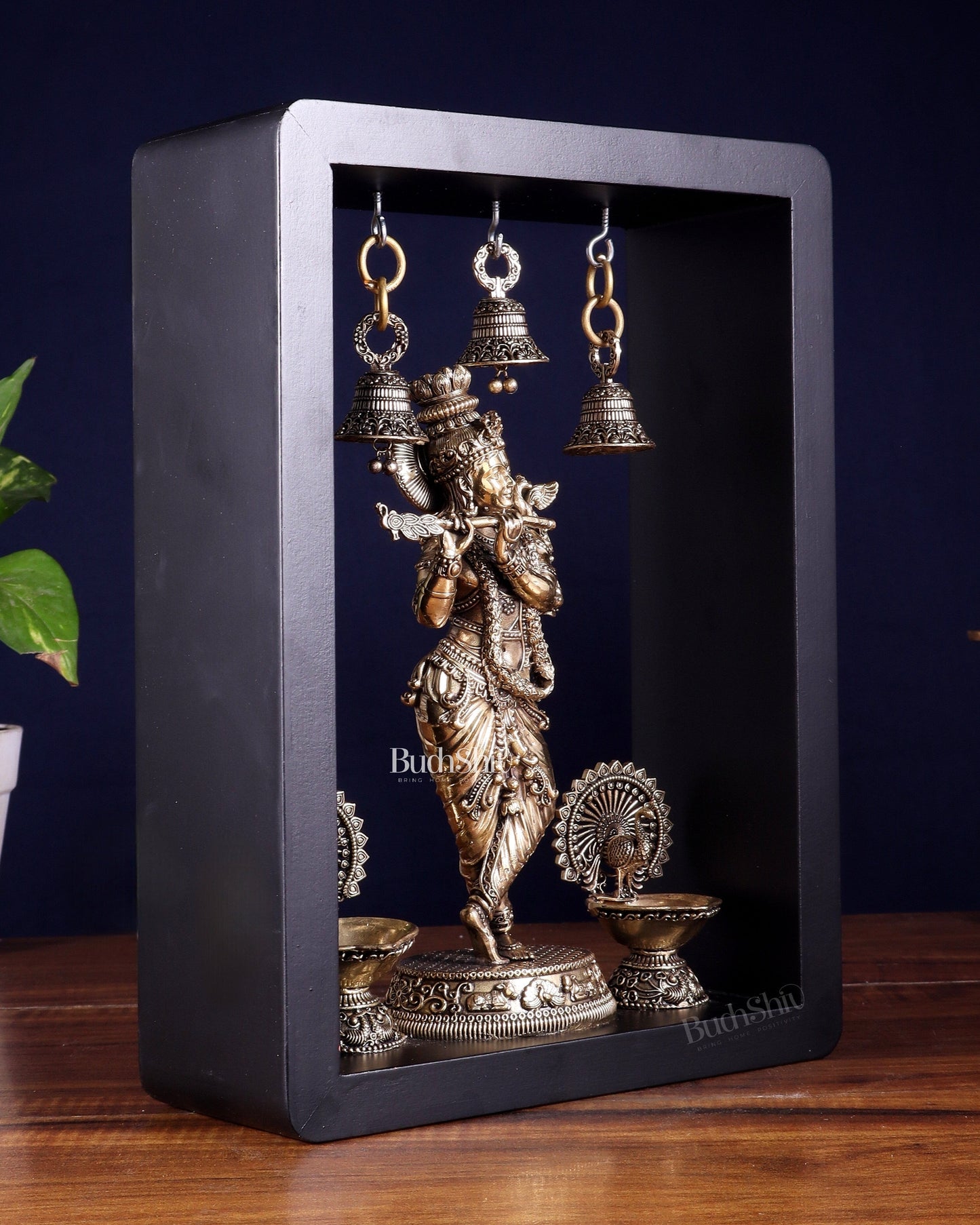 Brass Superfine Lord Krishna with Hanging Bells & Peacock Lamps on MDF Panel 11 inch
