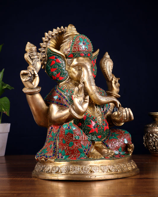 Pure Brass Ganesha Statue with Floral Stonework 12 inch