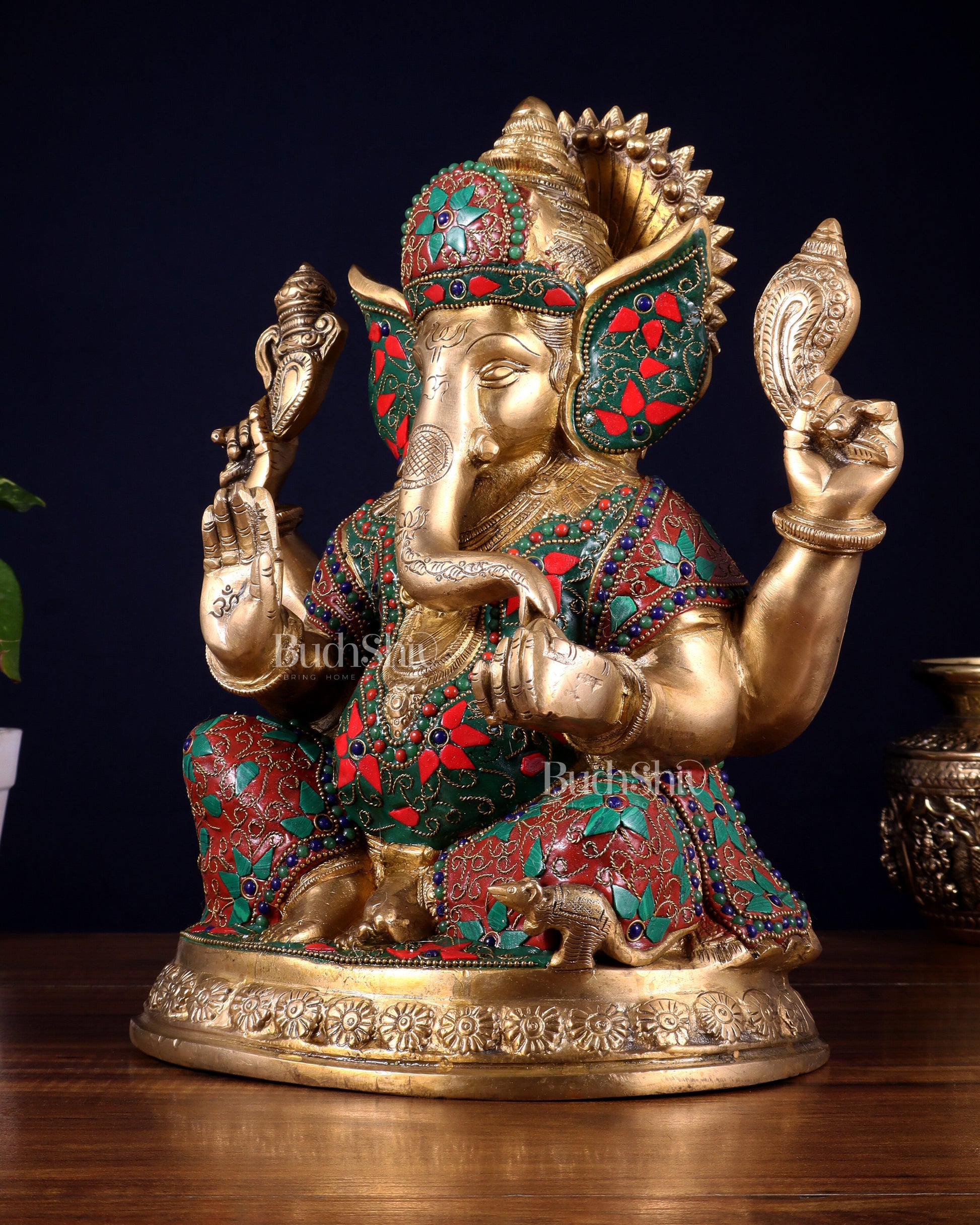 Pure Brass Ganesha Statue with Floral Stonework 12 inch