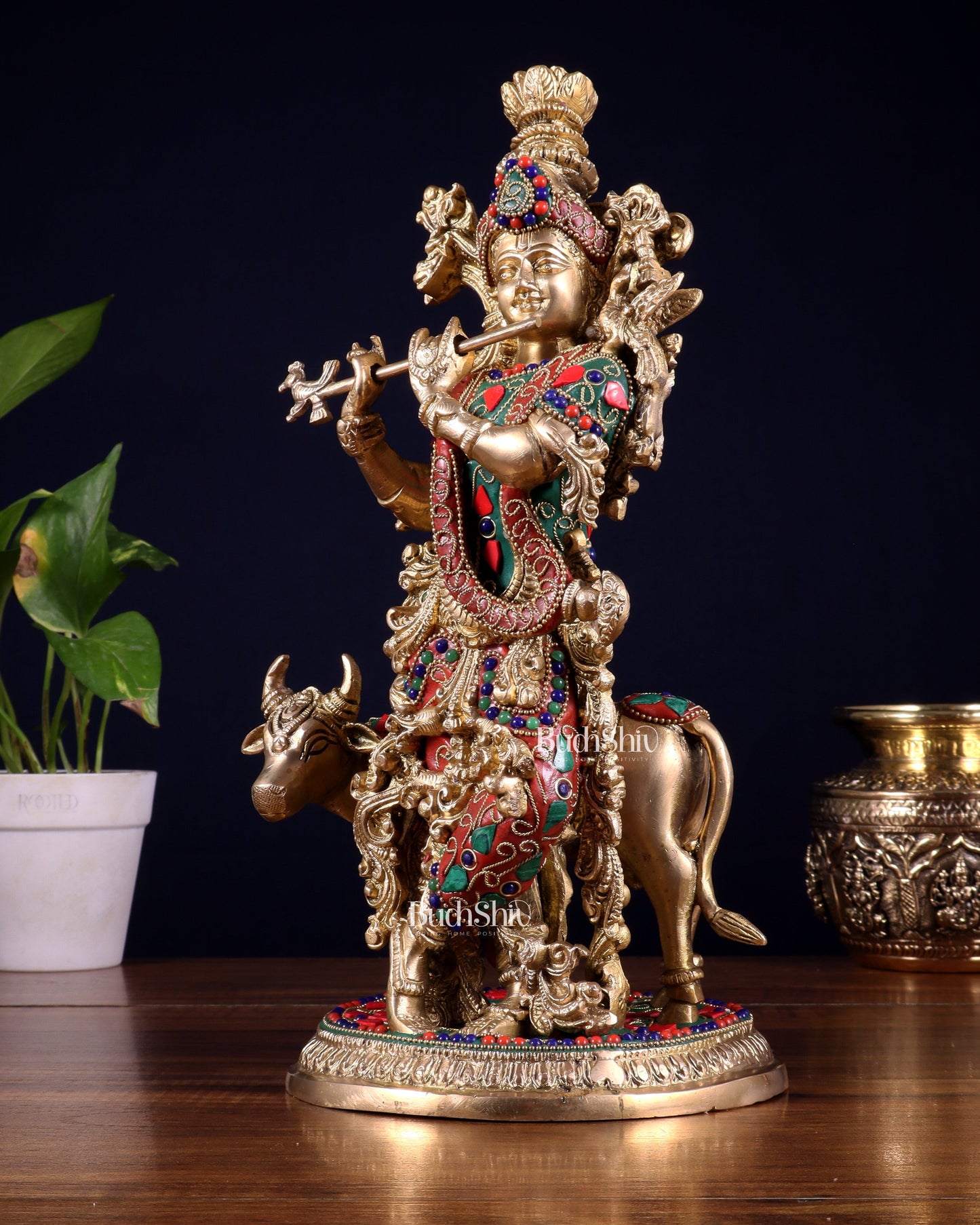 Pure Brass Lord Krishna with Cow Statue – floral stonework 13 inch