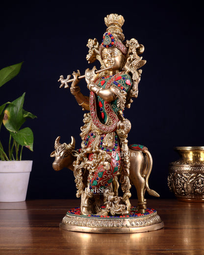 Pure Brass Lord Krishna with Cow Statue – floral stonework 13 inch