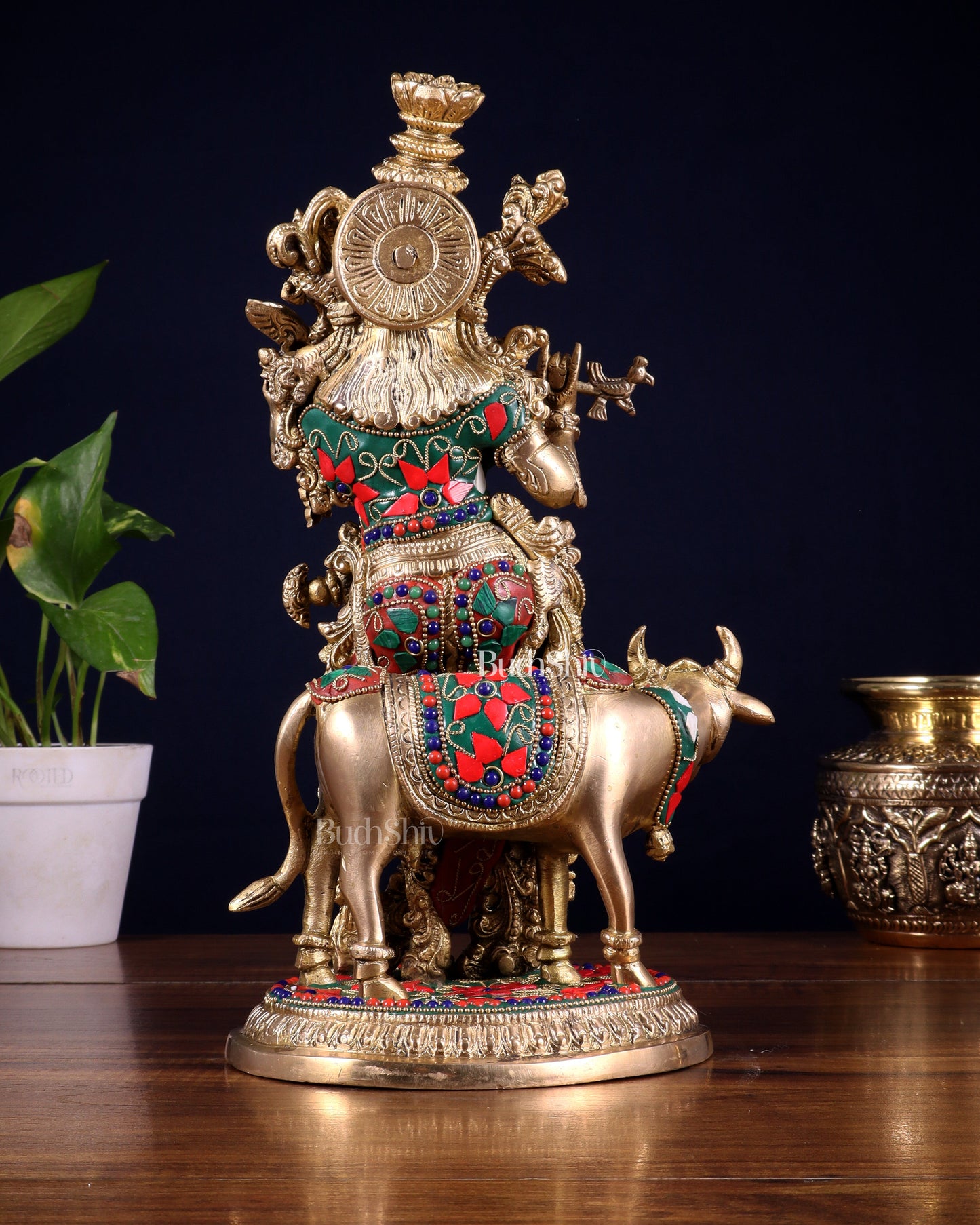 Pure Brass Lord Krishna with Cow Statue – floral stonework 13 inch