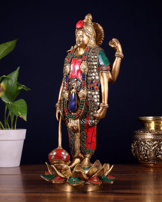 Brass Standing Vishnu Statue Satya narayan on Lotus Base - 12.5 Inch