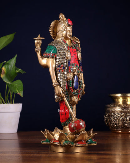Brass Standing Vishnu Statue Satya narayan on Lotus Base - 12.5 Inch