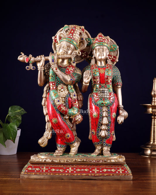 Pure Brass Large Radha Krishna Statue with Meenakari Stonework | 17 Inch
