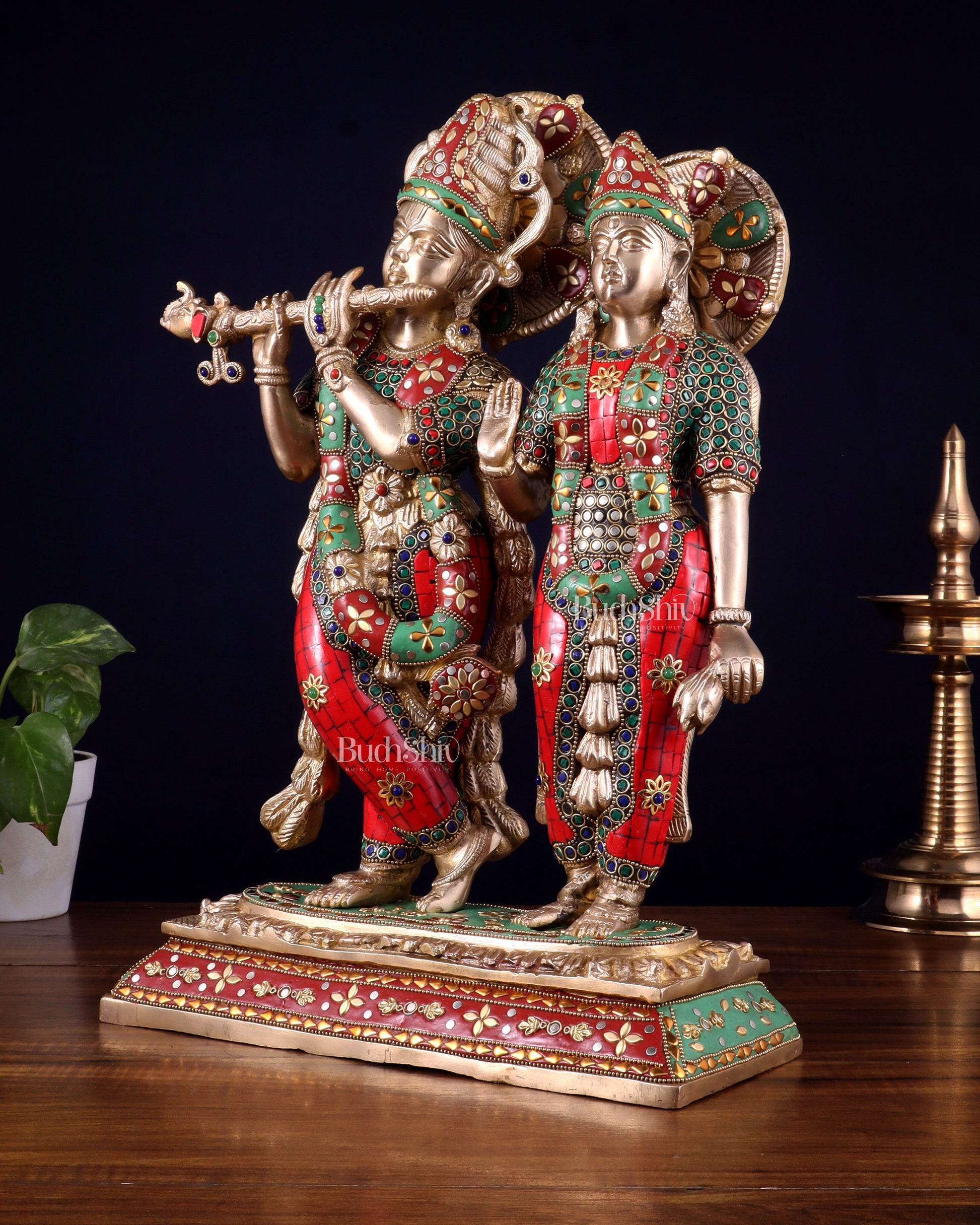 Pure Brass Large Radha Krishna Statue with Meenakari Stonework | 17 Inch