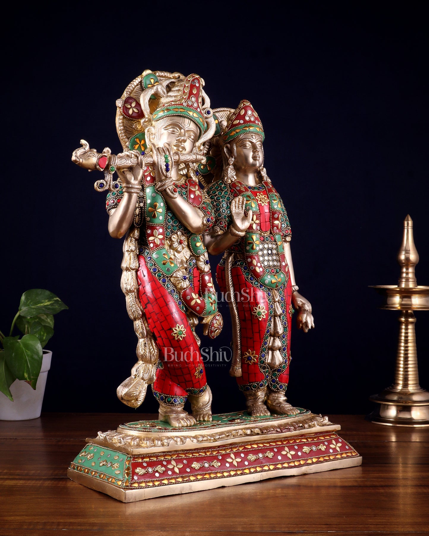 Pure Brass Large Radha Krishna Statue with Meenakari Stonework | 17 Inch