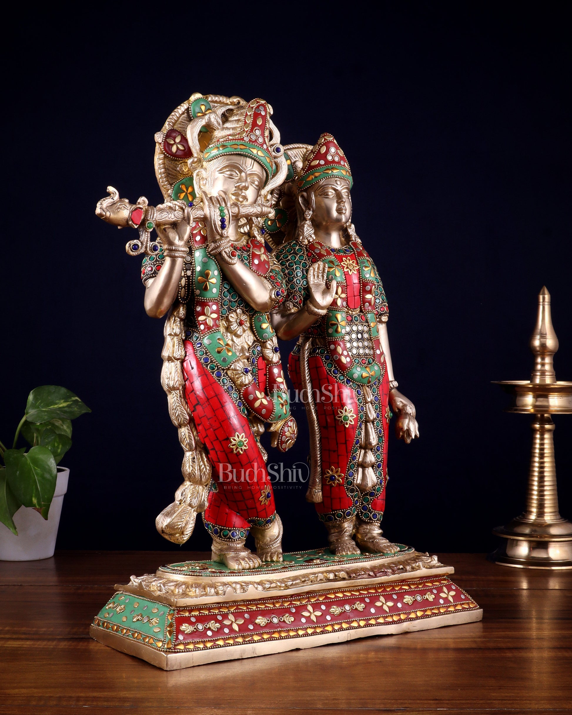 Pure Brass Large Radha Krishna Statue with Meenakari Stonework | 17 Inch