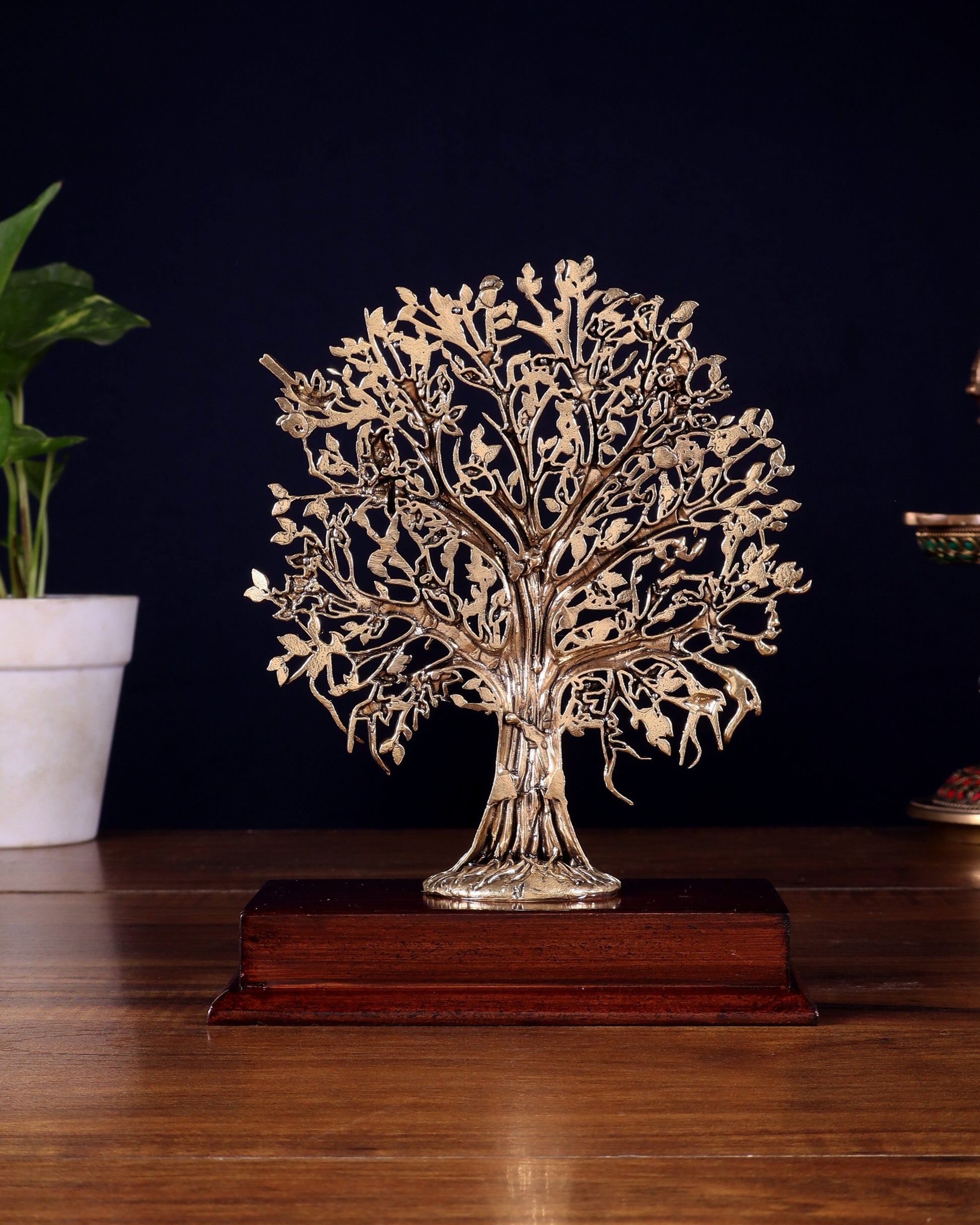 Brass Superfine Kalpavriksha Tree on Wooden Base – 7.5 Inch