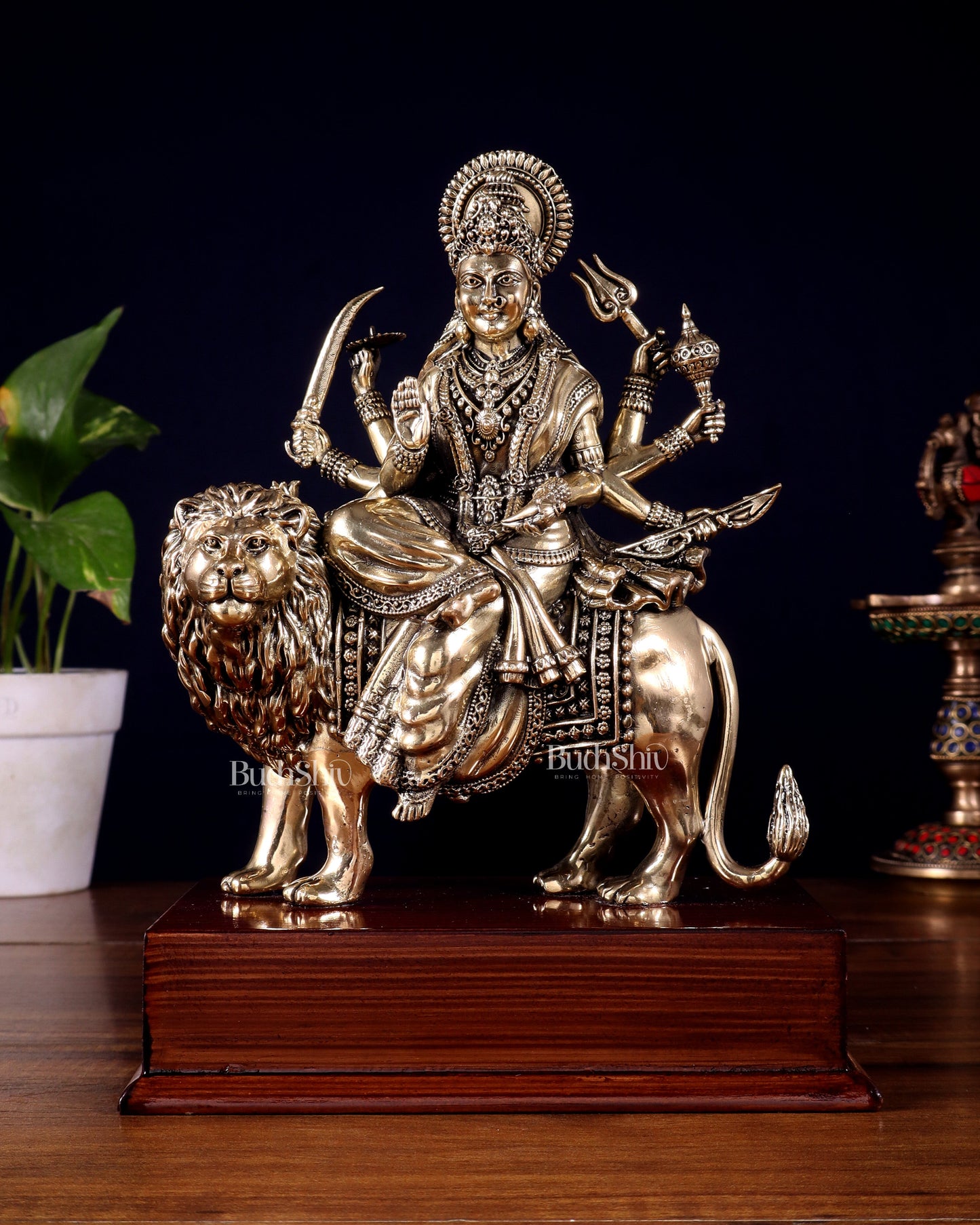 Brass Superfine Durga Ambe Mata Idol on Wooden Base – 9.5 Inch
