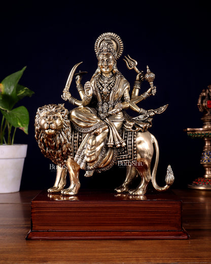 Brass Superfine Durga Ambe Mata Idol on Wooden Base – 9.5 Inch