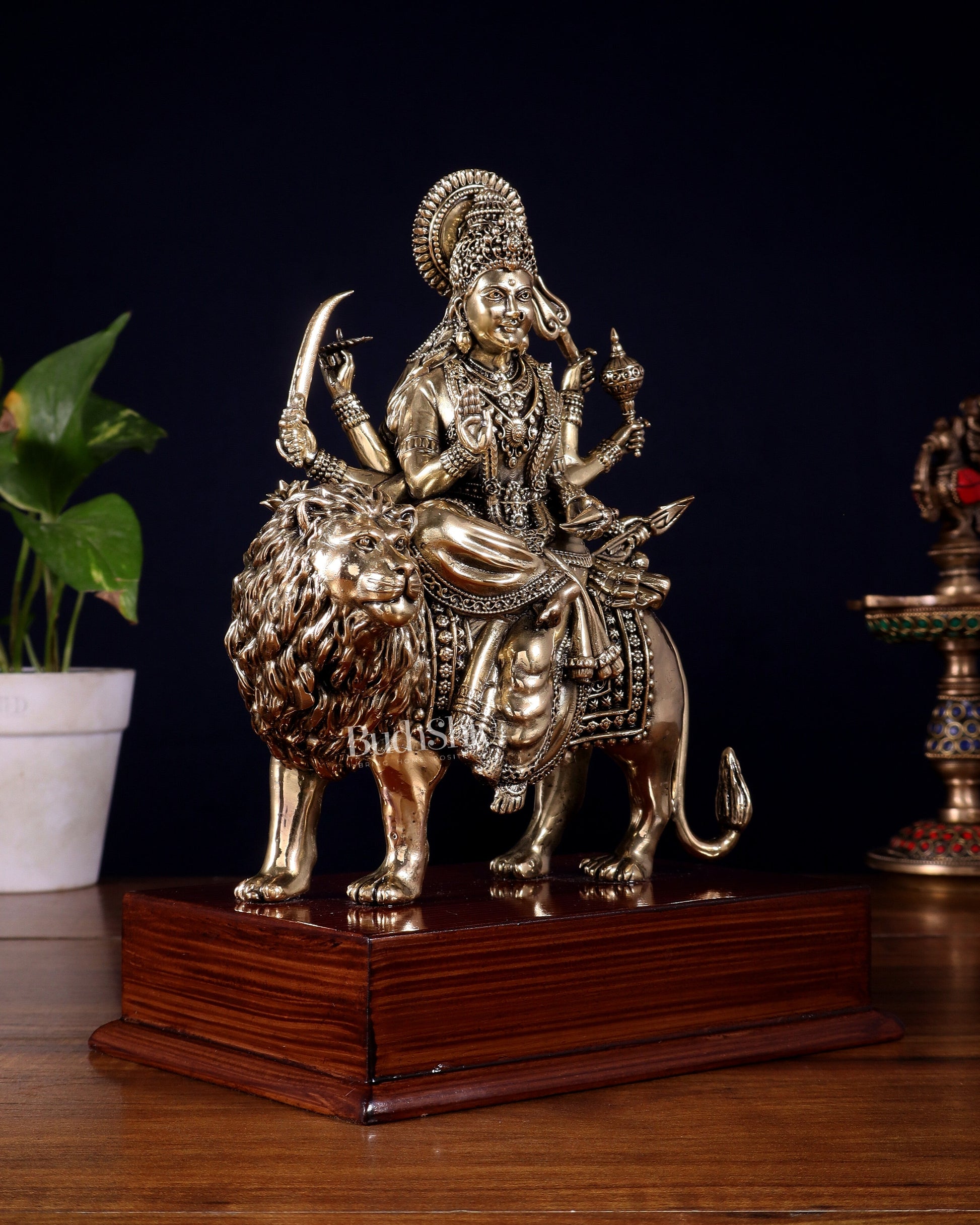 Brass Superfine Durga Ambe Mata Idol on Wooden Base – 9.5 Inch