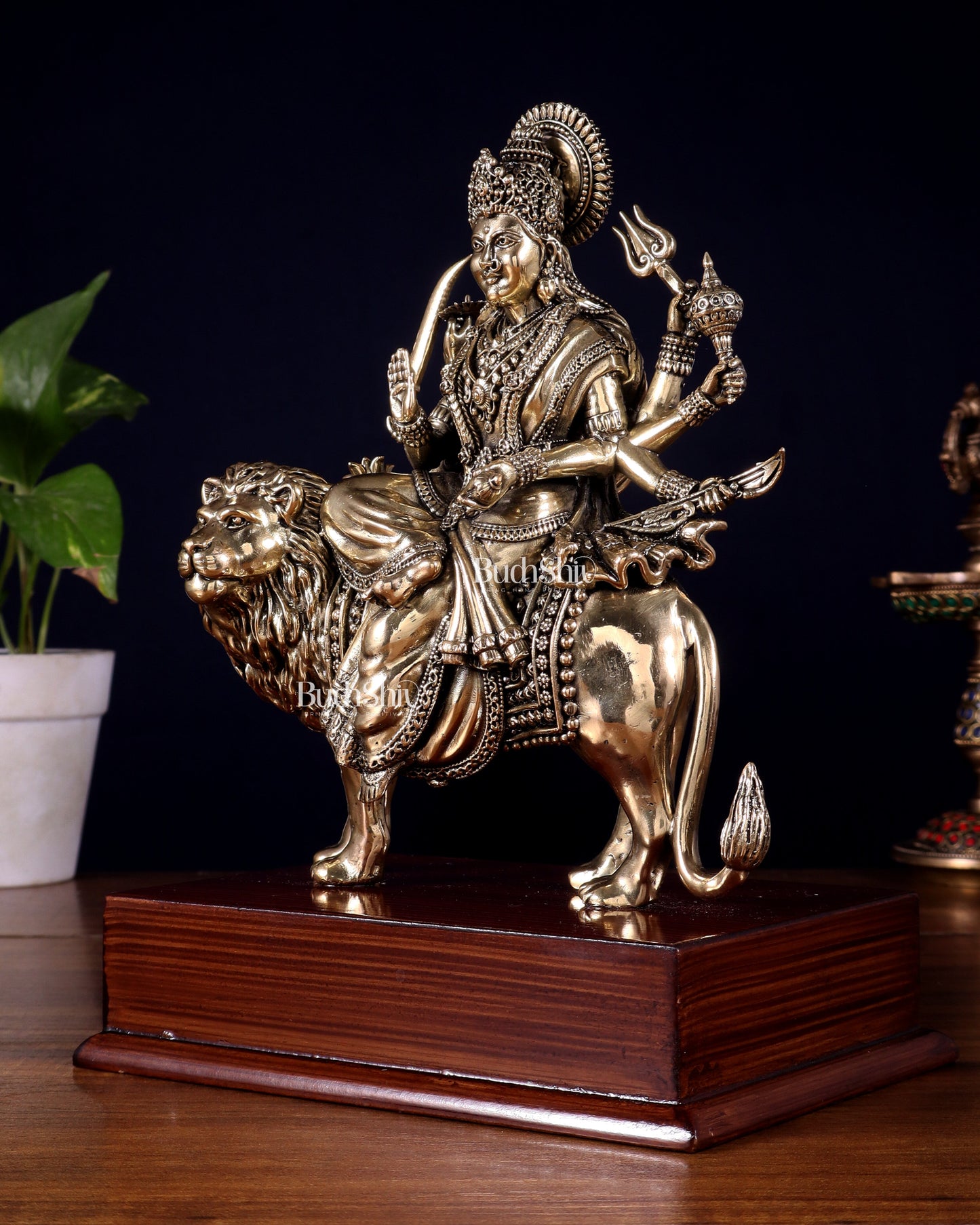 Brass Superfine Durga Ambe Mata Idol on Wooden Base – 9.5 Inch