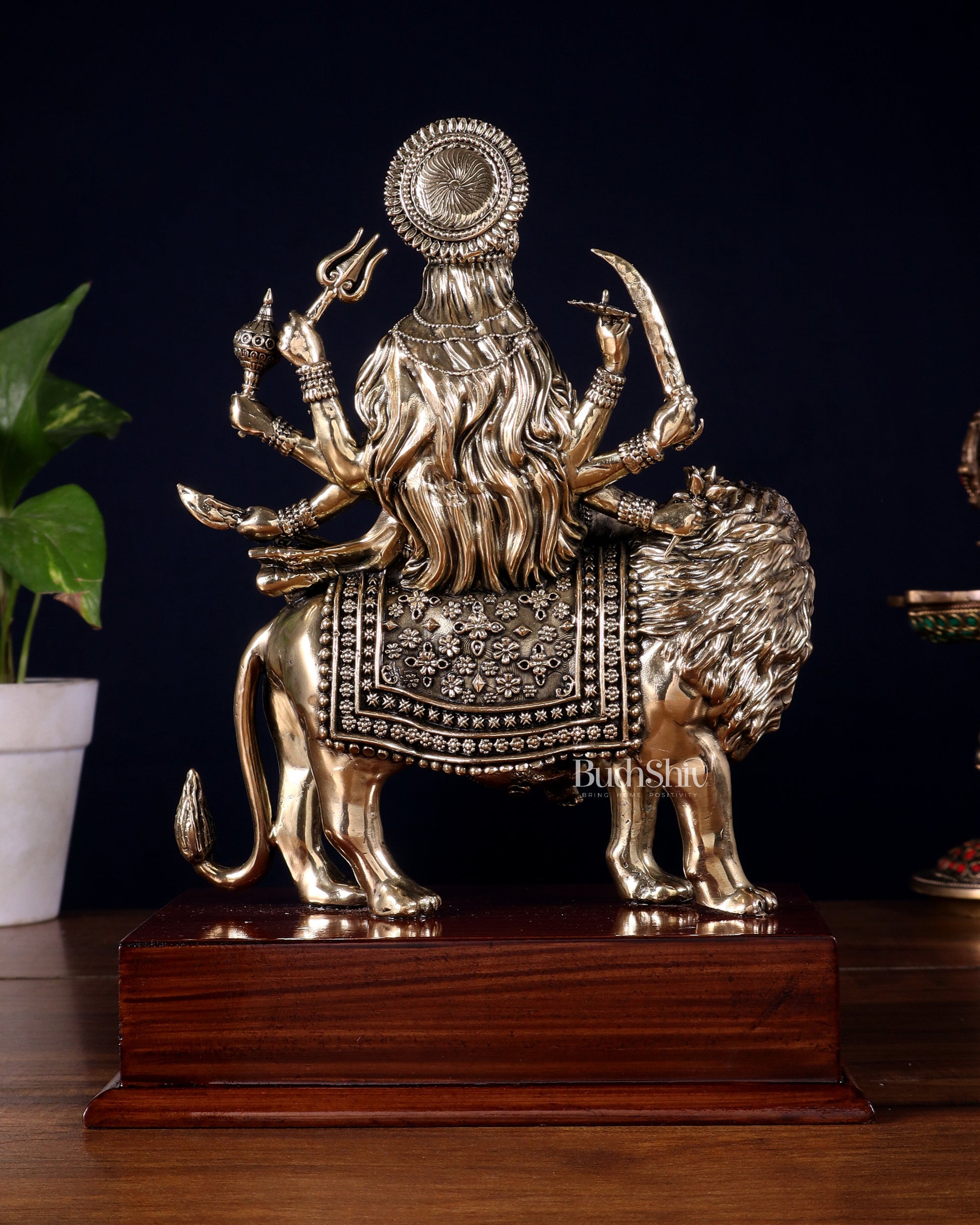 Brass Superfine Durga Ambe Mata Idol on Wooden Base – 9.5 Inch