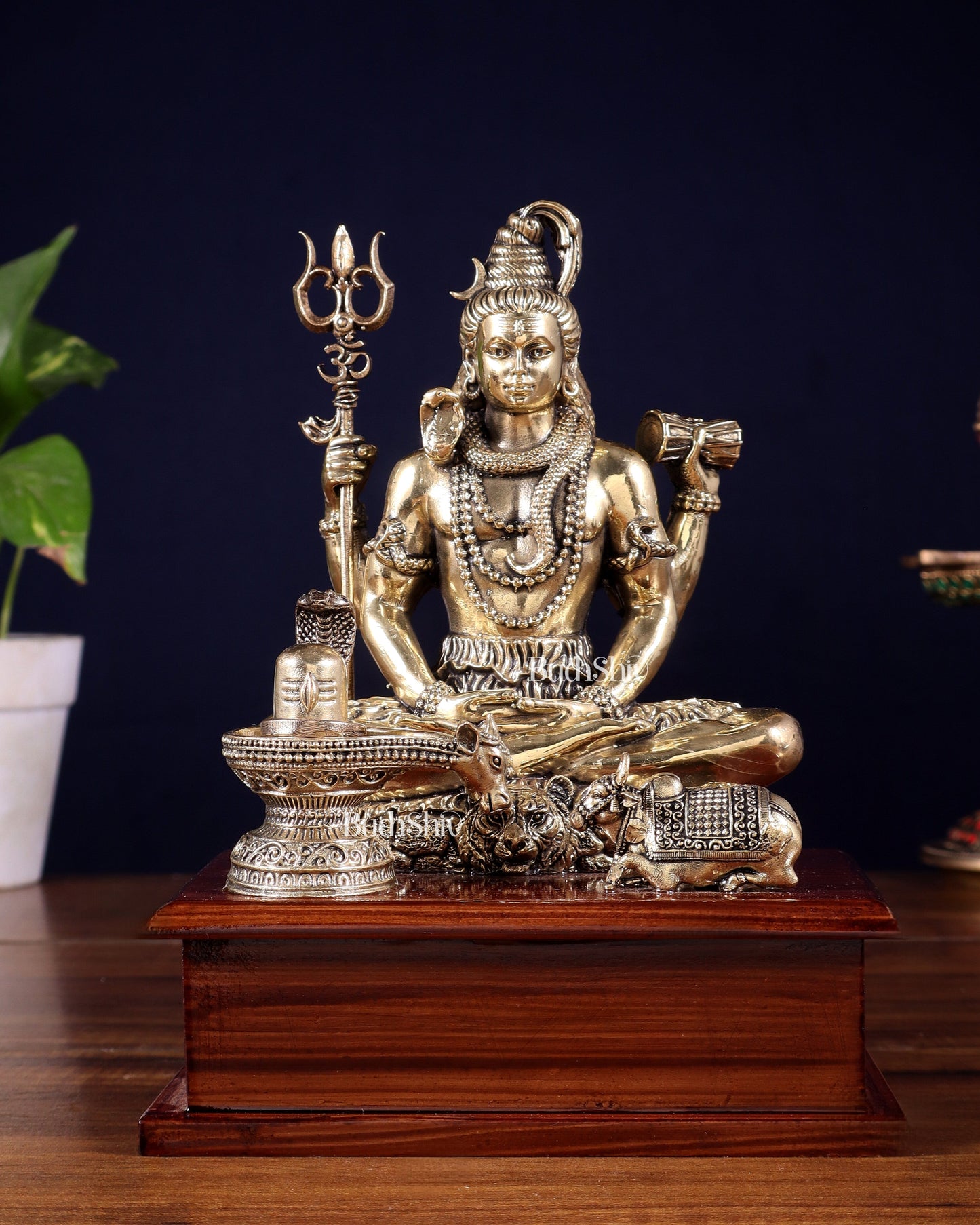 Brass Superfine Lord Shiva with Nandi and Shivling on Wooden Base – 8.5 Inch