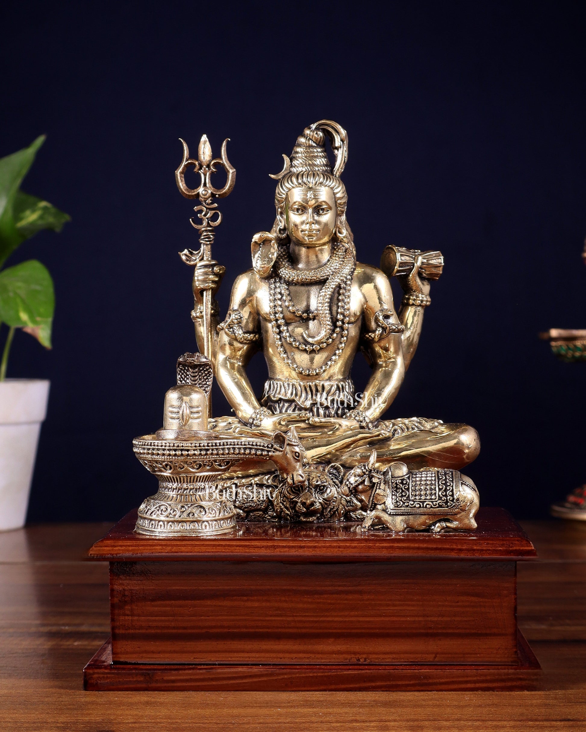 Brass Superfine Lord Shiva with Nandi and Shivling on Wooden Base – 8.5 Inch