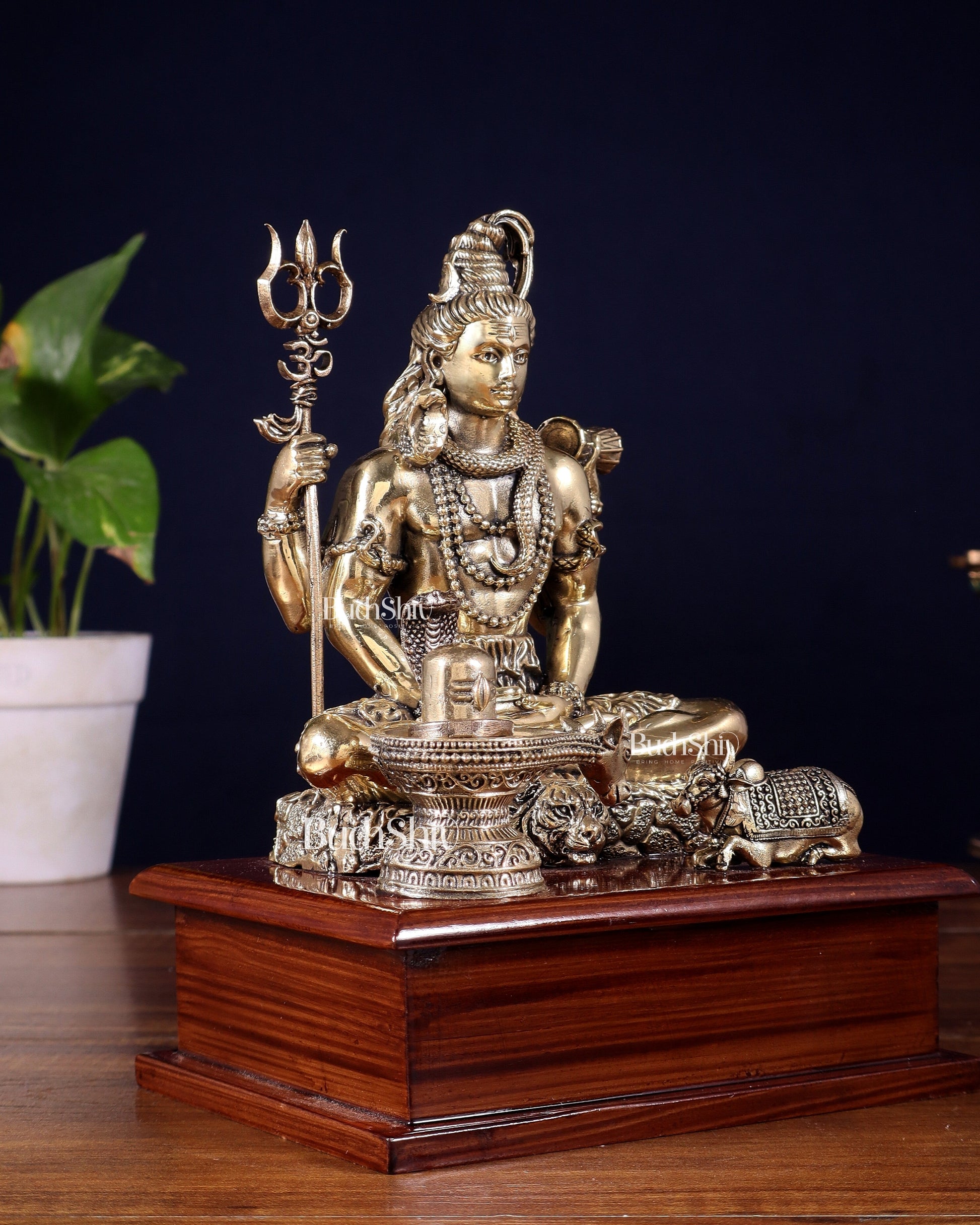 Brass Superfine Lord Shiva with Nandi and Shivling on Wooden Base – 8.5 Inch